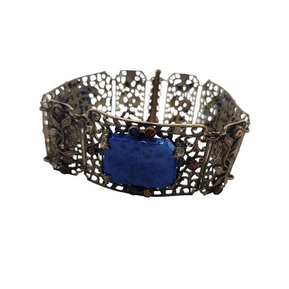 Vintage Czech Style Filigree Brass & Lapis Glass Bracelet (A3858) - Picture 5 of 8
